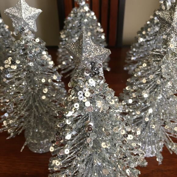 6 Silver Glitter Tabletop Decor Star Topped Bottle Brush Christmas Trees - Picture 7 of 16